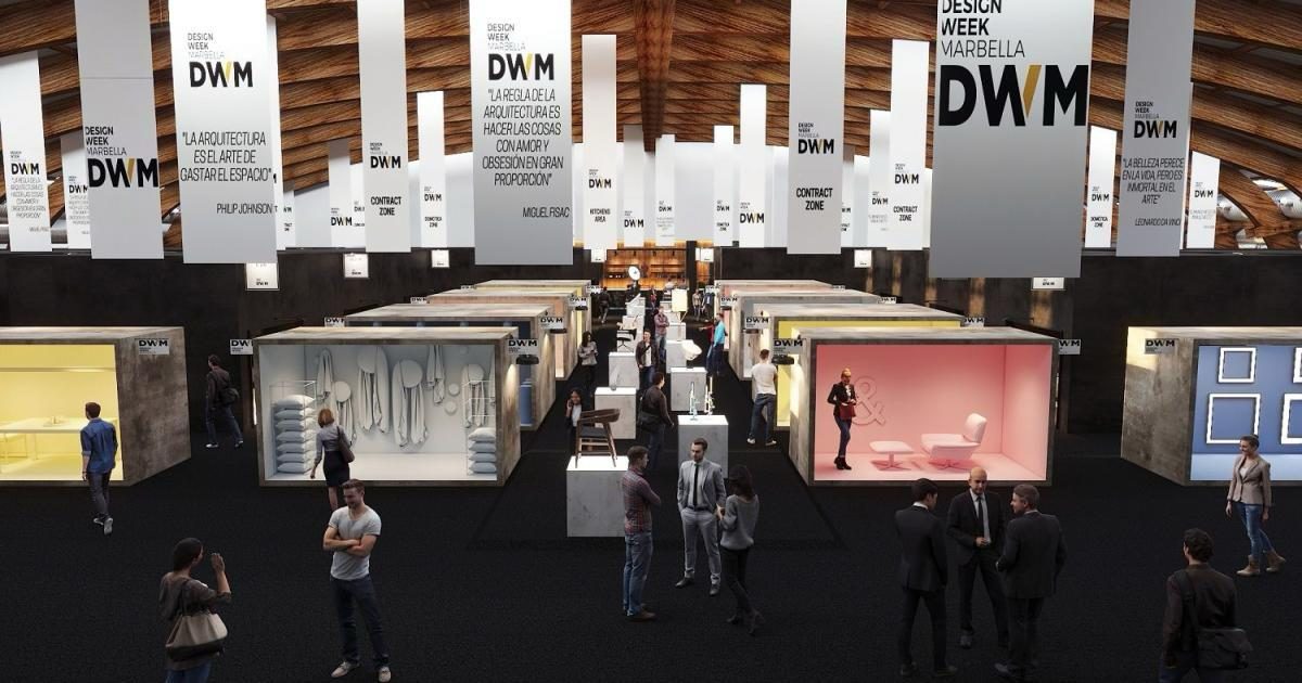 Recreación digital de una nave de feria con módulos expositivos iluminados y visitantes recorriendo los pasillos